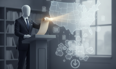 A faceless figure in a suit stands at a podium, presenting a scroll with a di — Restoring American Citizenship Act of 2026