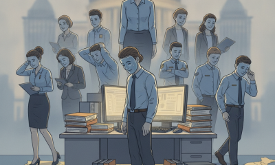 Illustration of a weary government employee amid coworkers, paperwork, and computers, depicting government employee burnout.