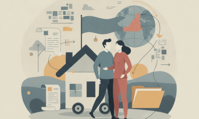 Illustration of a couple beside a house, moving boxes, and a map, representing the Military Family Relocation Support Act.