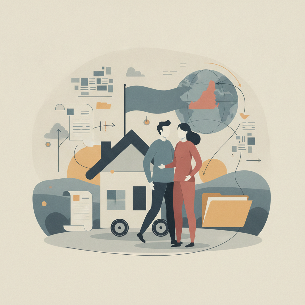Illustration of a couple beside a house, moving boxes, and a map, representing the Military Family Relocation Support Act.