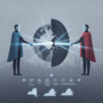 Illustration of two figures reaching toward a fractured globe, with the Internet Reach and Access Now Act addressing Iran…