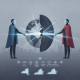 Illustration of two figures reaching toward a fractured globe, with the Internet Reach and Access Now Act addressing Iran…