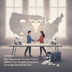Two people shaking hands in front of a map of the USA, symbolizing the Ovarian Cancer IMPACT Act and healthcare collaborat…