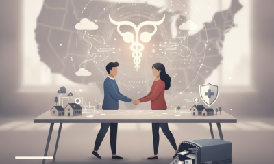 Two people shaking hands in front of a map of the USA, symbolizing the Ovarian Cancer IMPACT Act and healthcare collaborat…