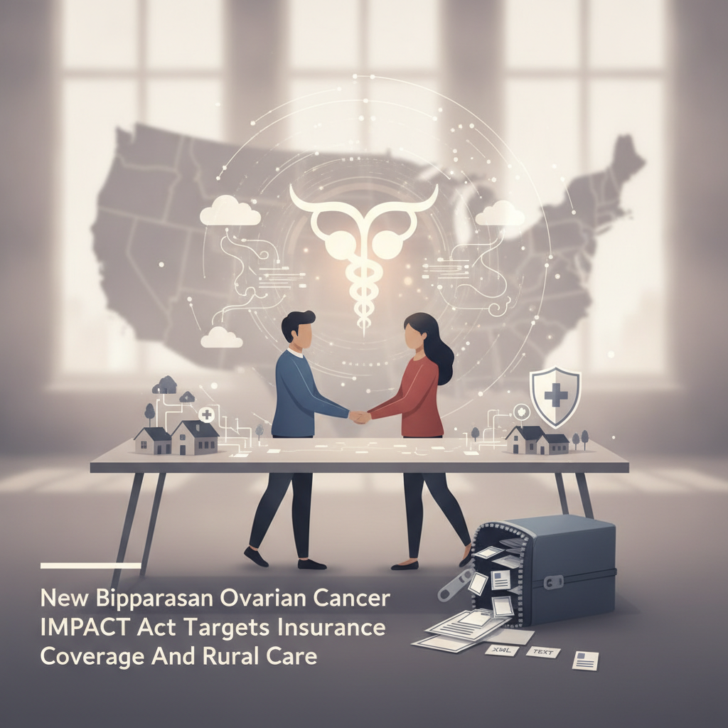 Two people shaking hands in front of a map of the USA, symbolizing the Ovarian Cancer IMPACT Act and healthcare collaborat…