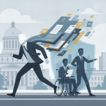 An illustration depicting a businessperson in a suit running, with documents — disability benefits running for office bill