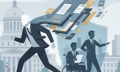 An illustration depicting a businessperson in a suit running, with documents — disability benefits running for office bill