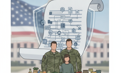 Two military personnel and a child stand in front of a table filled with — Nutrition Continuity for Military Families Act