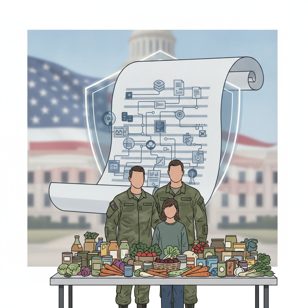 Two military personnel and a child stand in front of a table filled with — Nutrition Continuity for Military Families Act