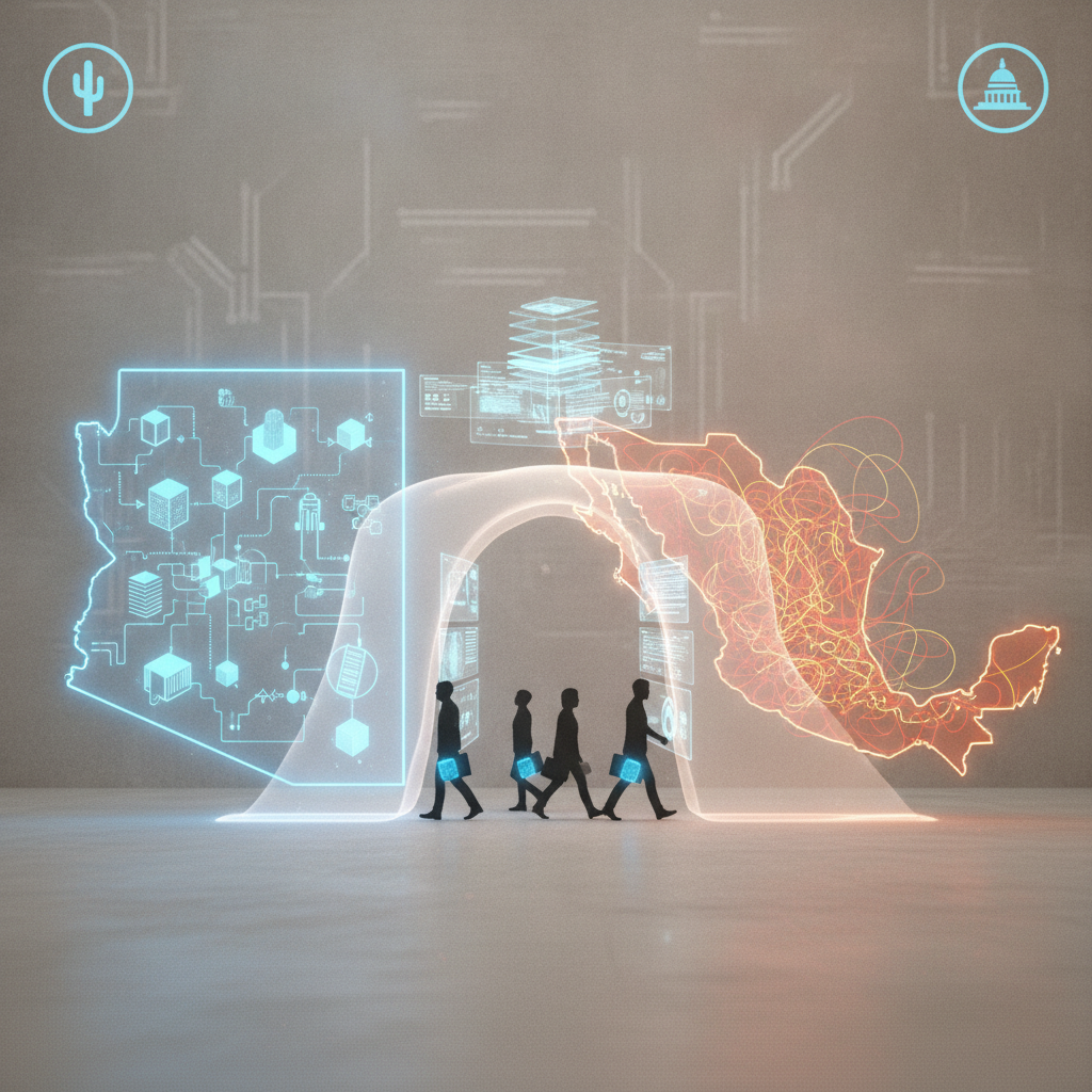 Illustration depicting a digital bridge between Arizona and Mexico, symbolizing the Nicholas Douglas Quets Act Arizona for…