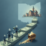 Illustration of Ohio private school vouchers as families climb a path of dollar bills toward a school, with coins spilling…