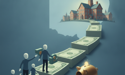Illustration of Ohio private school vouchers as families climb a path of dollar bills toward a school, with coins spilling…