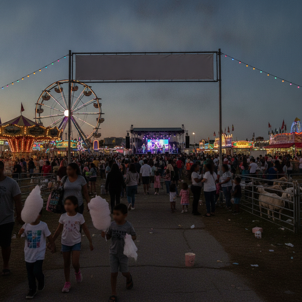 Pensacola Interstate Fair 2026 at dusk, with families walking past a lit Ferris wheel and concert stage.