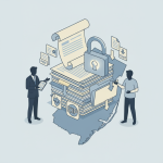 Illustration of two people beside stacked documents, a locked folder, and file icons o — Presidential Pardon Integrity Act