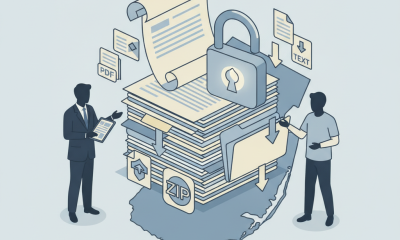 Illustration of two people beside stacked documents, a locked folder, and file icons o — Presidential Pardon Integrity Act
