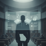 Silhouetted figure in a classroom with floating document icons — Protecting Students from Sexually Explicit Materials Act