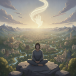 A serene landscape with a person meditating on a rock, a hand-shaped cloud above, symbolizing divine presen — Psalms 46:10