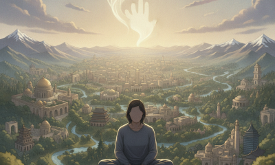 A serene landscape with a person meditating on a rock, a hand-shaped cloud above, symbolizing divine presen — Psalms 46:10