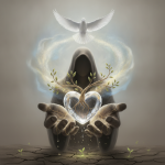 A hooded figure holds a glowing heart with roots, symbolizing spiritual renewal, with a d — Psalms 51 10 daily bible verse