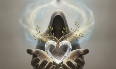 A hooded figure holds a glowing heart with roots, symbolizing spiritual renewal, with a d — Psalms 51 10 daily bible verse