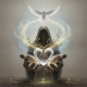 A hooded figure holds a glowing heart with roots, symbolizing spiritual renewal, with a d — Psalms 51 10 daily bible verse