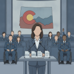 A woman in a suit stands at a podium with documents, addressing an audience of veteran — Veterans Mental Health Access Act