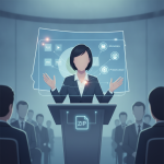 Illustration of a woman presenting digital files and metadata at a podium, with an audience — Disaster Data Protection Act