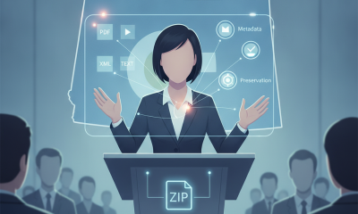 Illustration of a woman presenting digital files and metadata at a podium, with an audience — Disaster Data Protection Act