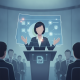 Illustration of a woman presenting digital files and metadata at a podium, with an audience — Disaster Data Protection Act