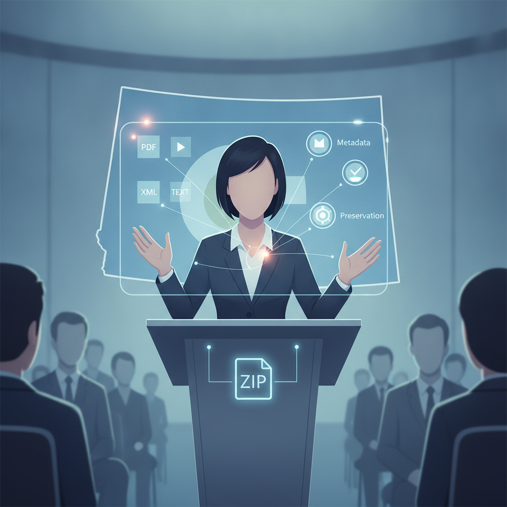 Illustration of a woman presenting digital files and metadata at a podium, with an audience — Disaster Data Protection Act