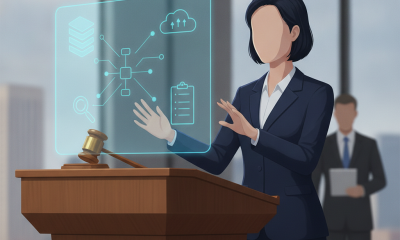Illustration of a woman presenting digital port data at a podium, with a gavel and Texas icon; Port Staffing Reporting Act