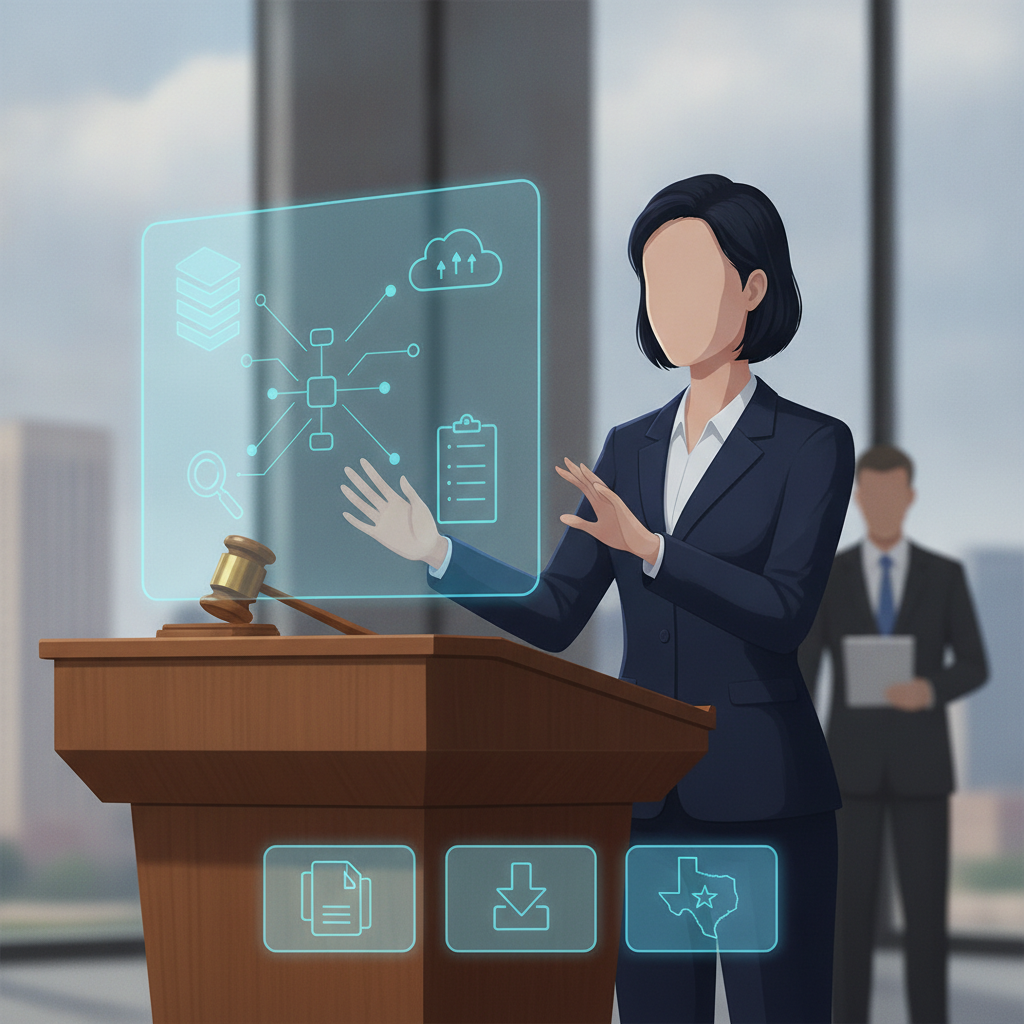 Illustration of a woman presenting digital port data at a podium, with a gavel and Texas icon; Port Staffing Reporting Act