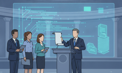 Illustrated officials present digital documents at a podium, — Protecting American Workers Through H-1B Modernization Act