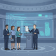 Illustrated officials present digital documents at a podium, — Protecting American Workers Through H-1B Modernization Act