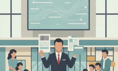 Illustration of a suited representative presenting documents to families beneath a scree — Free Child Care for America Act