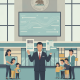 Illustration of a suited representative presenting documents to families beneath a scree — Free Child Care for America Act