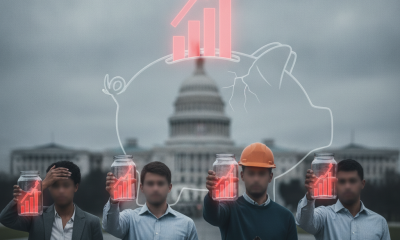 Workers hold glowing medical jars beneath rising charts and a piggy bank, illu — Employer Sponsored Health Insurance Costs