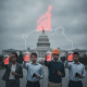 Workers hold glowing medical jars beneath rising charts and a piggy bank, illu — Employer Sponsored Health Insurance Costs