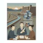 Illustration of officials reviewing documents beside a dam and canal, with — San Carlos Irrigation Project Divestiture Act