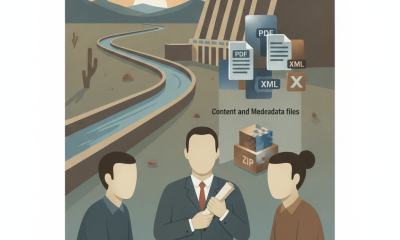 Illustration of officials reviewing documents beside a dam and canal, with — San Carlos Irrigation Project Divestiture Act
