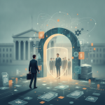 Illustration of a person approaching a glowing arch with figures, tax documents, dollar signs, and — Scams Tax Relief Act