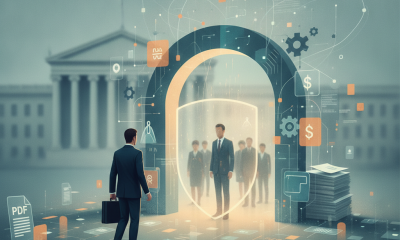 Illustration of a person approaching a glowing arch with figures, tax documents, dollar signs, and — Scams Tax Relief Act