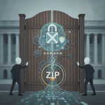Two figures in suits stand by a large gate with digital securit — Artificial Intelligence Risk Management and Security Act
