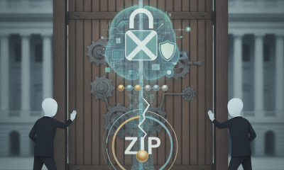 Two figures in suits stand by a large gate with digital securit — Artificial Intelligence Risk Management and Security Act