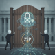 Two figures in suits stand by a large gate with digital securit — Artificial Intelligence Risk Management and Security Act