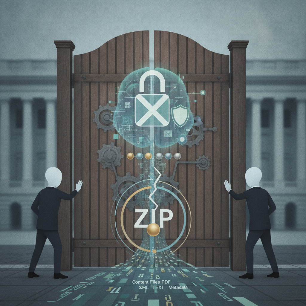 Two figures in suits stand by a large gate with digital securit — Artificial Intelligence Risk Management and Security Act