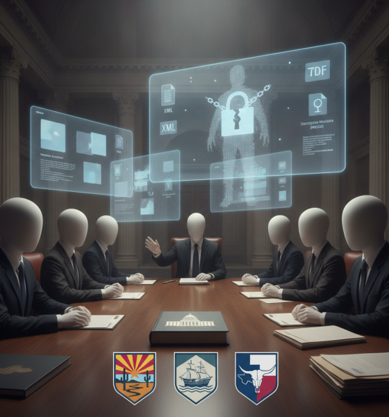 A group of faceless individuals in suits discussing legislation around military exec — No Public Executions in America Act