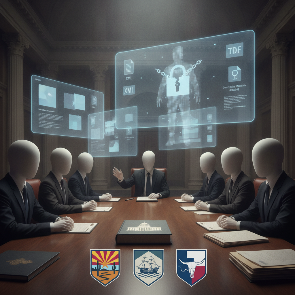 A group of faceless individuals in suits discussing legislation around military exec — No Public Executions in America Act