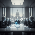 A group of faceless figures in suits discussing legislation in a conference room — No United States Aid for Terrorism Act