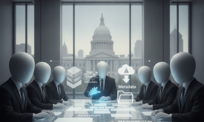 A group of faceless figures in suits discussing legislation in a conference room — No United States Aid for Terrorism Act